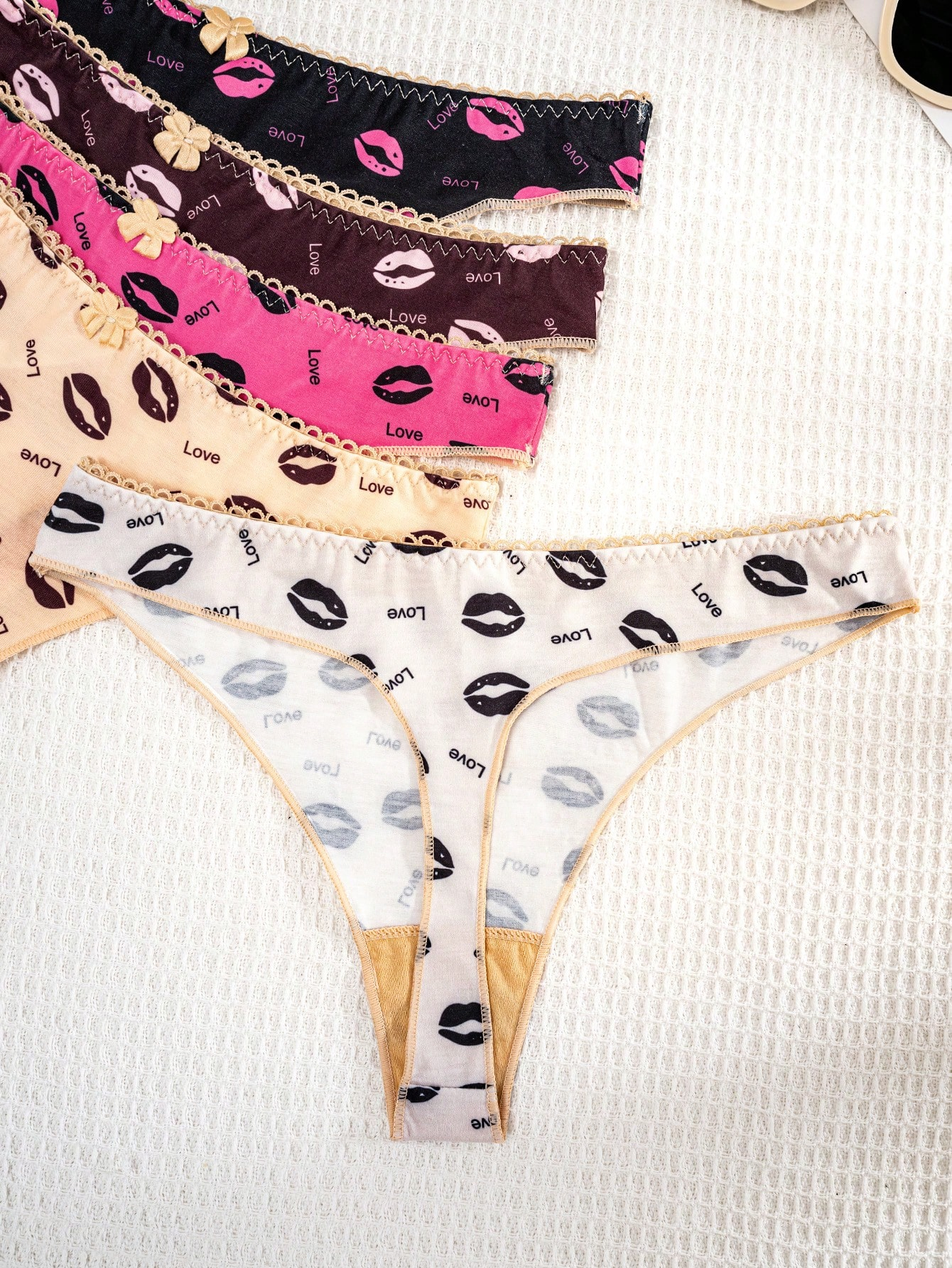 5pcs/Pack Women Solid Color Lip & Bow Pattern Comfort Thongs - Image 7