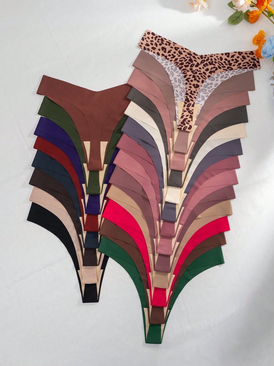 21pcs Leopard Print And Solid Color Sexy Thongs - Image 3