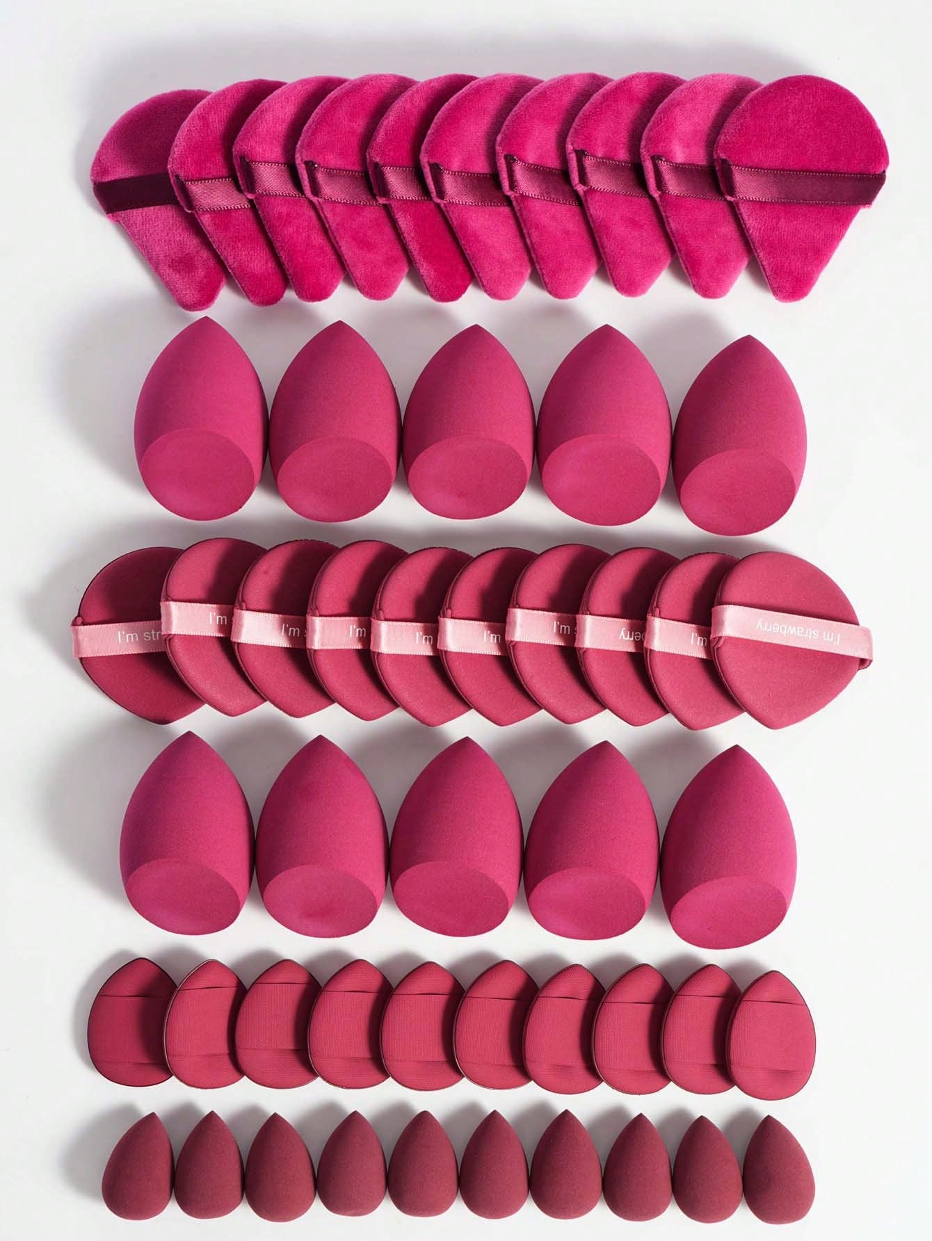 Makeup Tools Set Including:10PCS Makeup Sponges For Liquid Makeup+10PCS Mini Makeup Sponges For Liquid Makeup+10PCS Triangle Powder Puffs For Loose Powder And Makeup Setting+10PCS Air Cushion Powder Puffs For Facial Makeup+10PCS Mini Air Cushion Powder Puffs For Facial Concealer Makeup