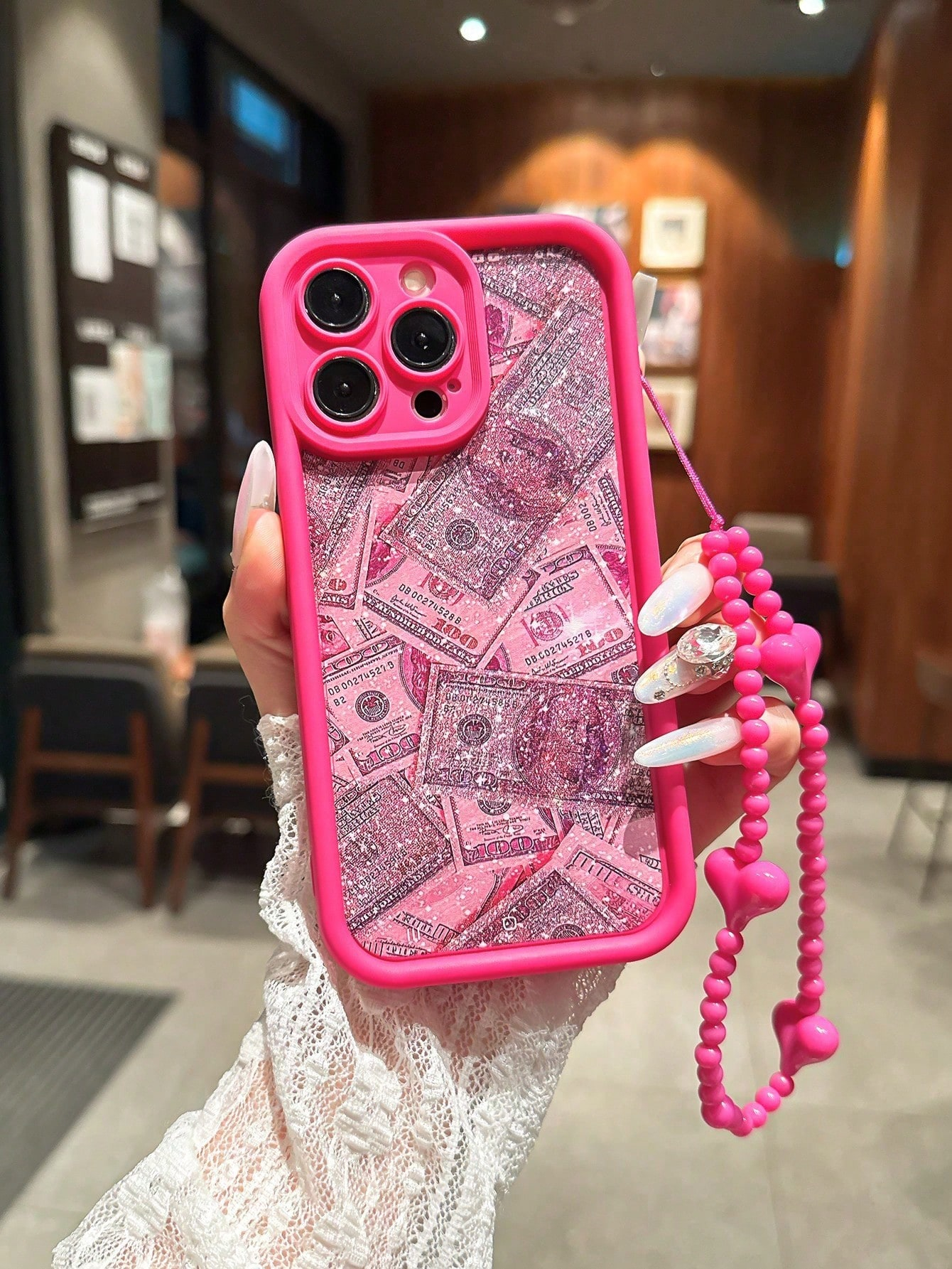 Fashion Pink Glitter Dollar Bill Pattern Shockproof Phone Case Compatible With IPhone 13 Pro Max, 13, 15, 12/12 Pro, 11, 14 Pro Max, XR, 14 Plus/16/16 Pro Max