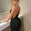 SHABREYA BAE Nightclub Party Asymmetrical Oblique Shoulder Backless Rhinestone Chain Strappy Music Festival Bodycon Dress