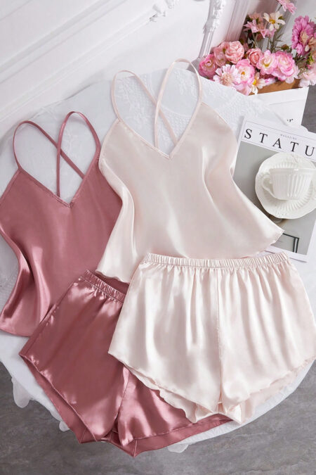 2 Sets Of Solid Color Silk-Like Camisole And Shorts Pajama Set