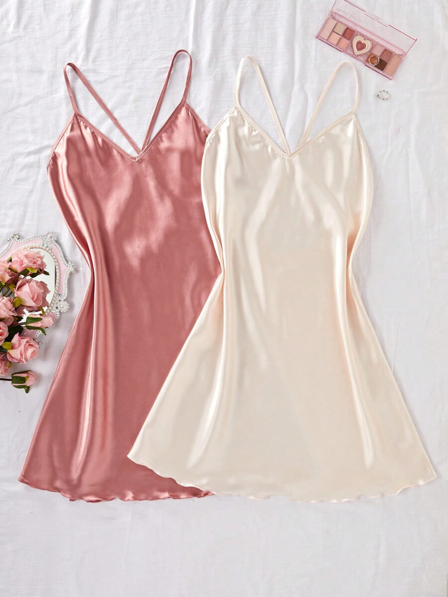 Women's Spaghetti Strap Backless Gentle Sweet Solid Color Cross-Strap Satin Nightdress Two-Color
