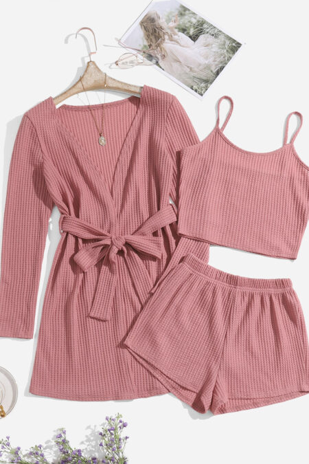 3pcs Waffle Knit Belted Lounge Set