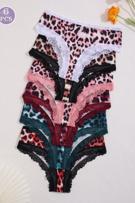 6pcs Women's Leopard Print Contrast Lace Low-Waist Bikini Briefs