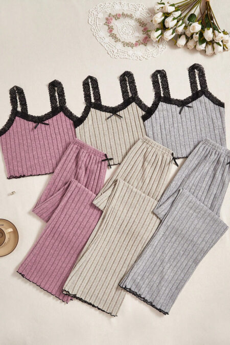 3pcs Set: Lace Texture Rib Camisole And Pants Combination