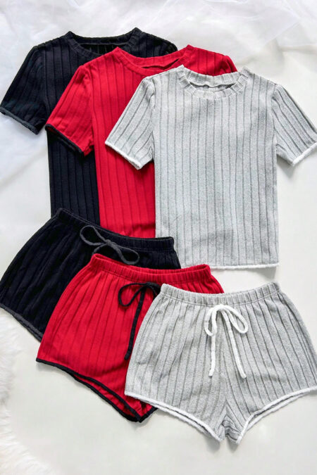 3pcs/Set Women Sleepwear Set, Round Neck Short Sleeve Top And Shorts