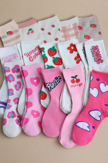 5 Pairs Random Pink Women's College Style Comfortable Breathable Mid-Calf Socks With English Heart And Strawberry Patterns