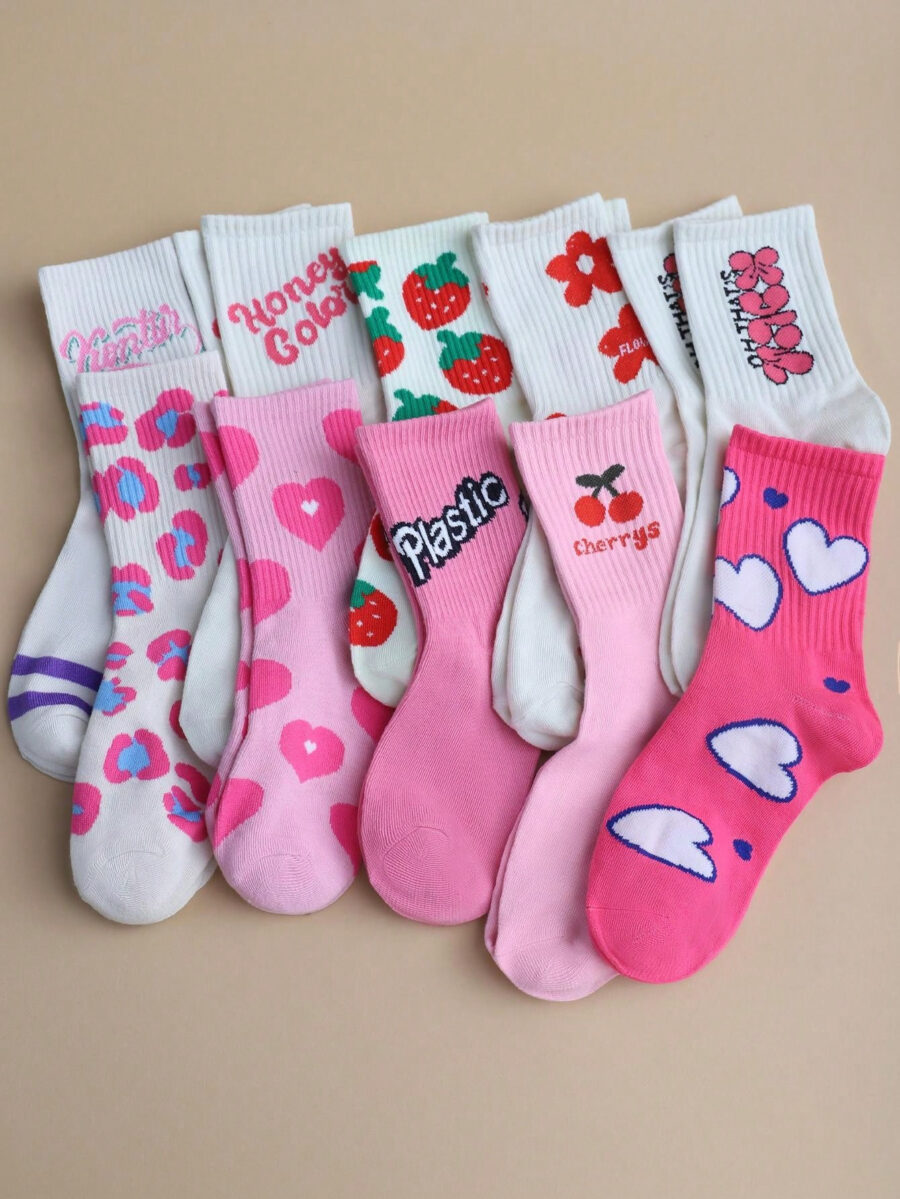 5 Pairs Random Pink Women's College Style Comfortable Breathable Mid-Calf Socks With English Heart And Strawberry Patterns - Image 11