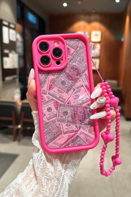 Fashion Pink Glitter Dollar Bill Pattern Shockproof Phone Case Compatible With IPhone 13 Pro Max, 13, 15, 12/12 Pro, 11, 14 Pro Max, XR, 14 Plus/16/16 Pro Max