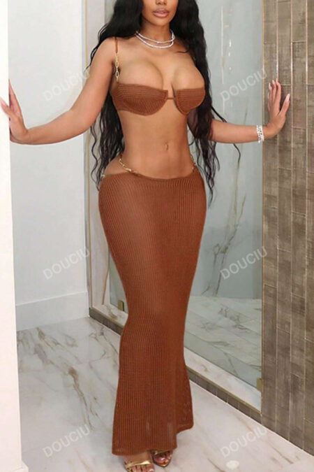 Women's Sexy Backless Crop Top And Fish Tail See-Through Skirt Set For Summer