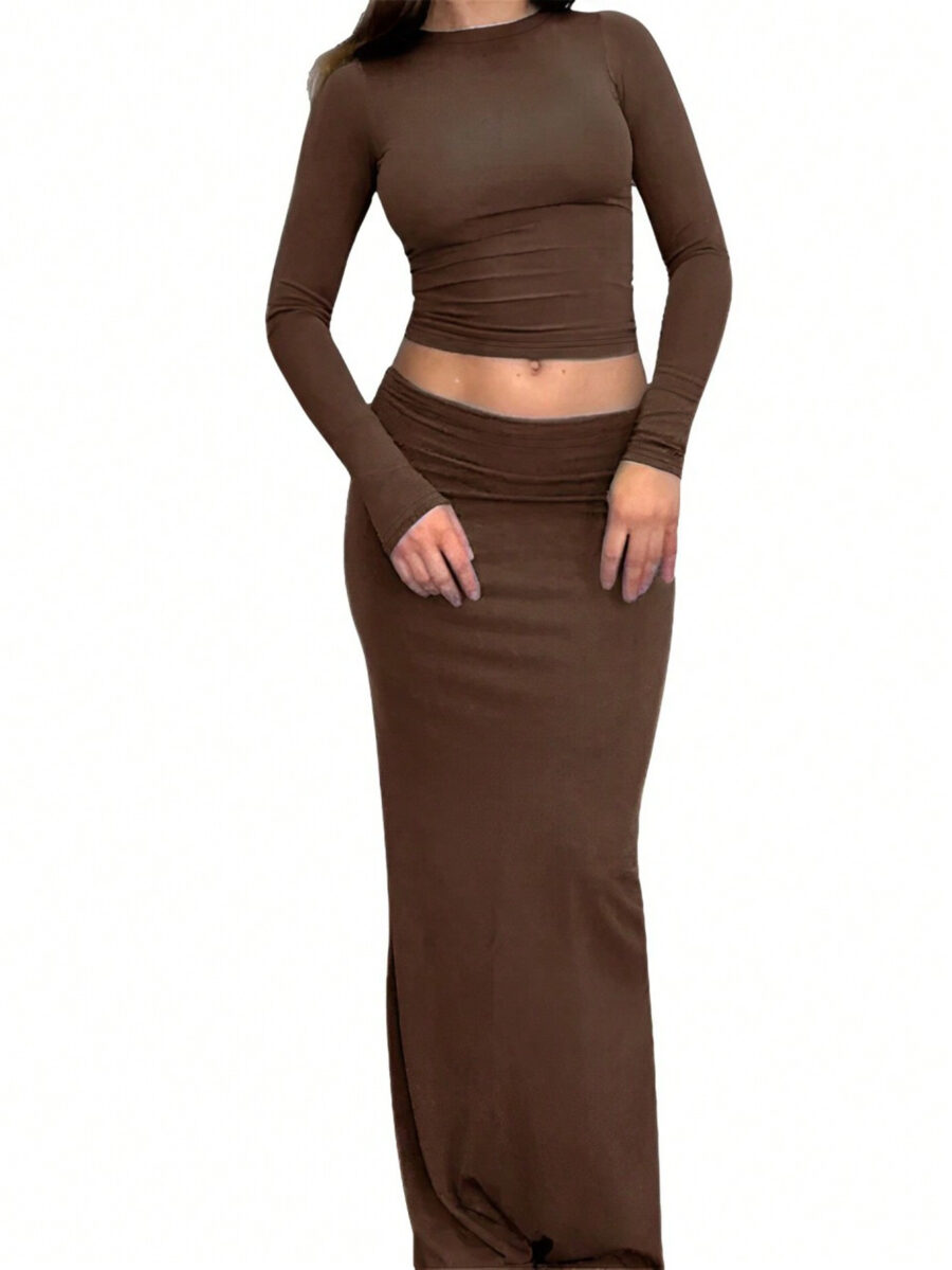 INAWLY Women Large Round Neck Long Sleeve Minimalist Top And Skirt Casual 2pcs Set - Image 2