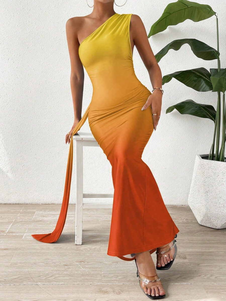 SHABREYA Raffinéa One Shoulder Draped Side Mermaid Hem Dress Maxi Women Outfit - Image 2