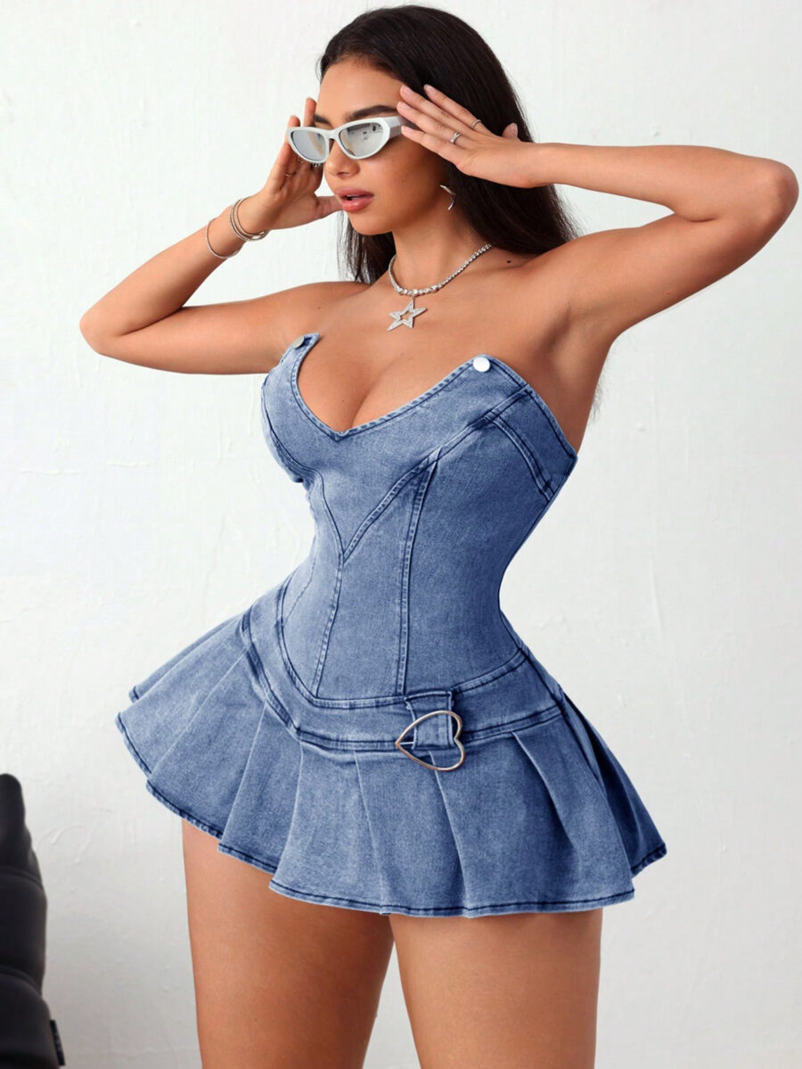 SHABREYA ICON Women's Button Front Pleated Denim Sundress, Casual Vacation - Image 2