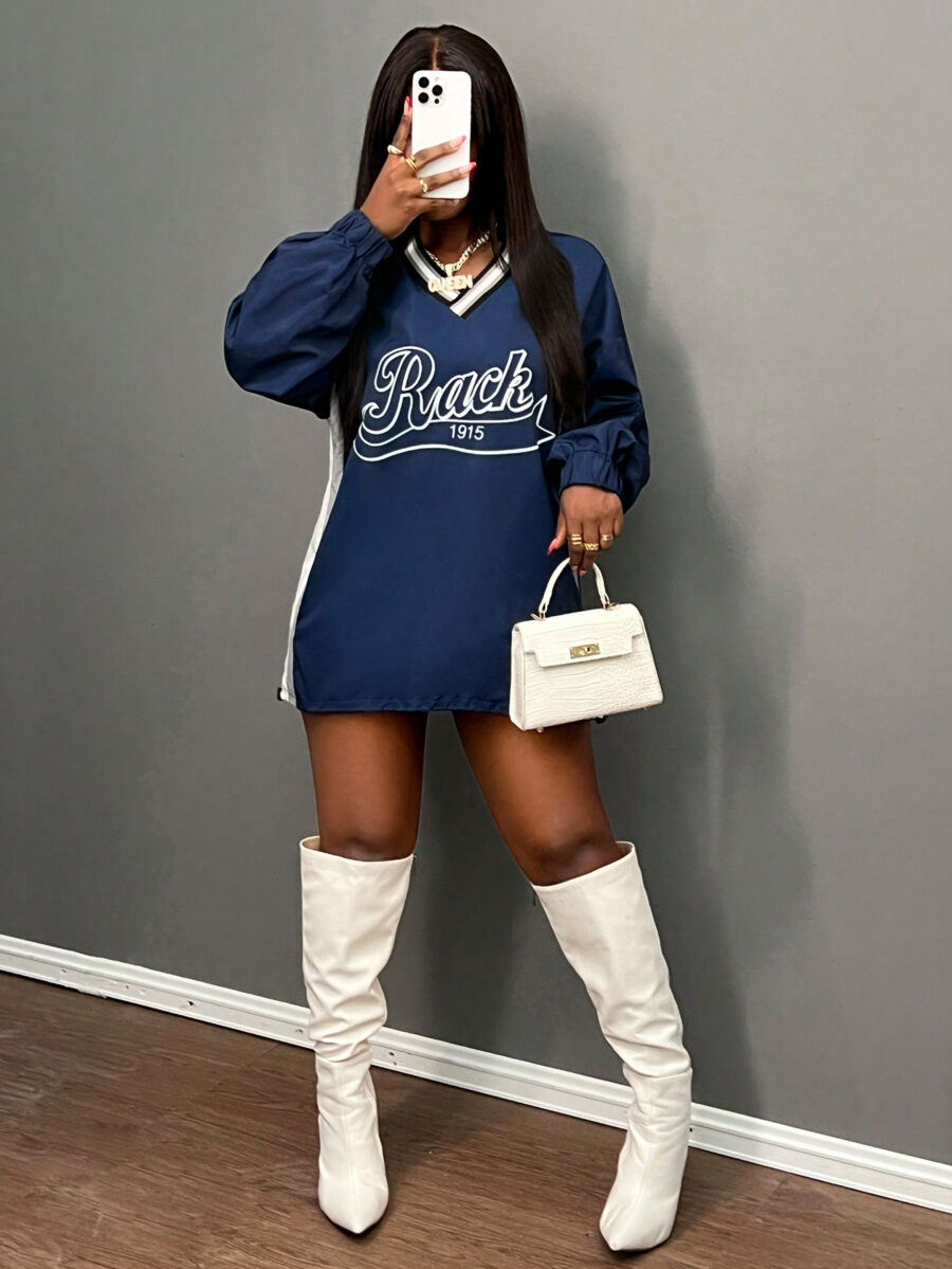 Slaydiva 2024 Autumn/Winter New Fashion American Number Print Woven Blouse Women, V-Neck Long Sleeve Adjustable Hem Pullover Top - Image 2