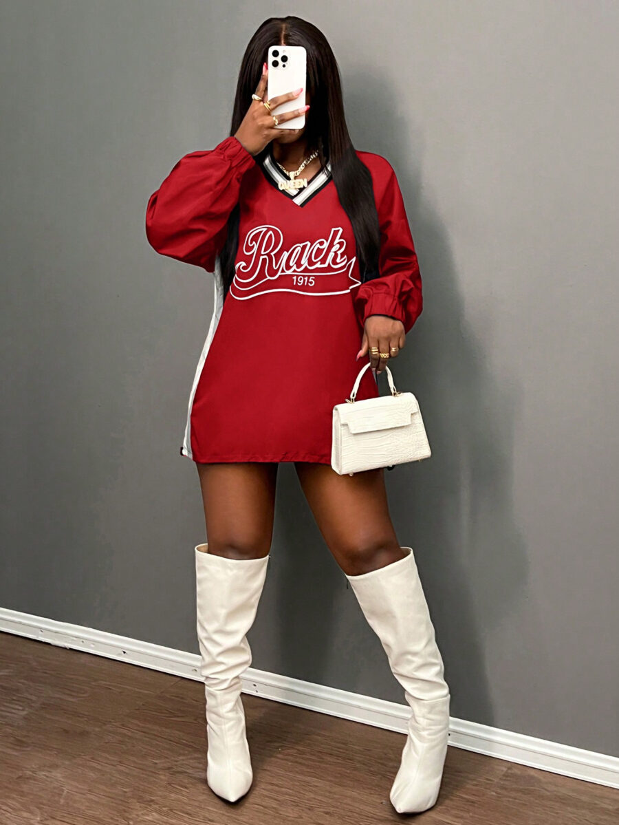 Slaydiva 2024 Autumn/Winter New Fashion American Number Print Woven Blouse Women, V-Neck Long Sleeve Adjustable Hem Pullover Top - Image 11
