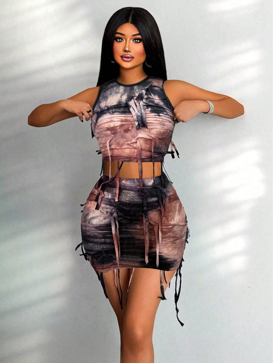 SHABREYA Foxxy Tie Dye Fringe Design Slim Fit Vest And Skirt Set For New Year Clothes - Image 5