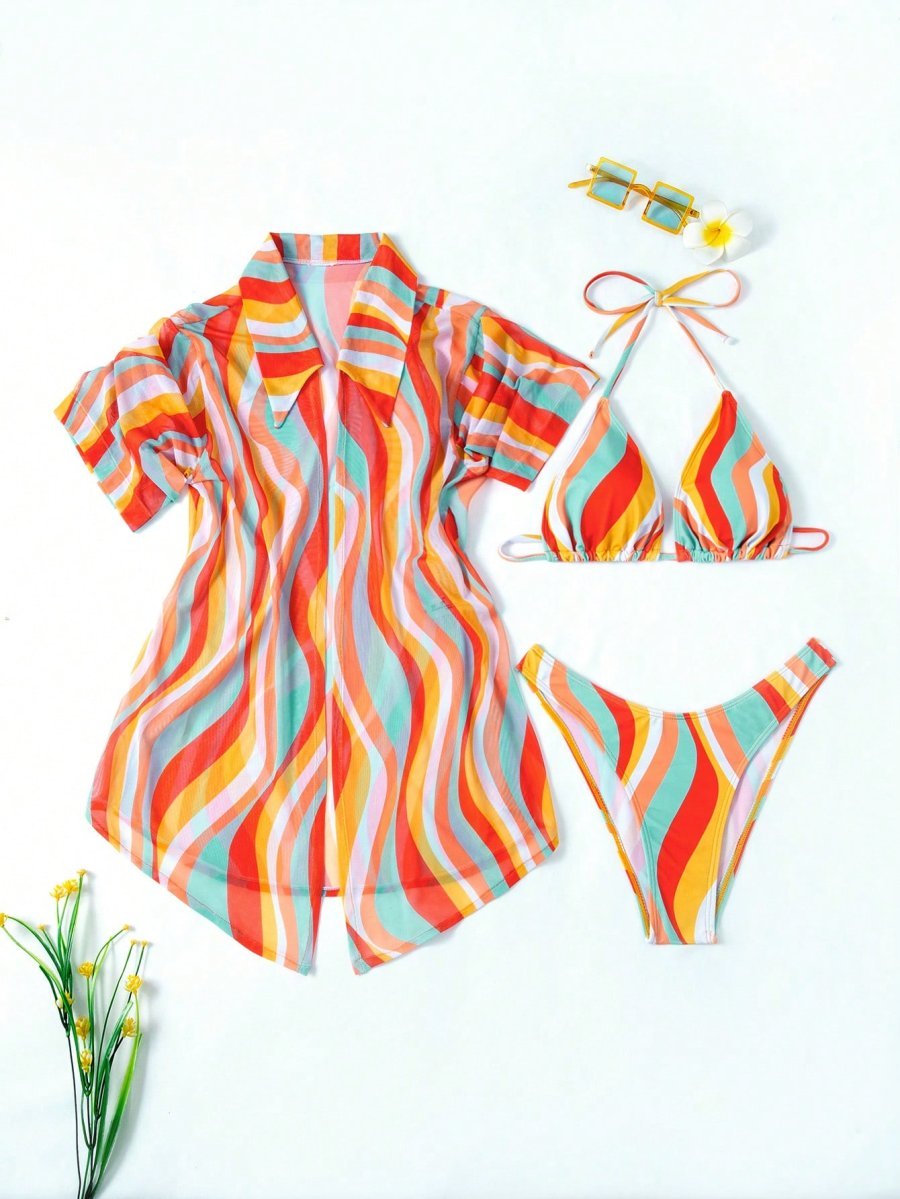 SHABREYA Swim Women's All Over Print Halter Neck 3-Piece Bikini Set With Separated Top And Bottom, Bikini Set Outfit Beach Swimwear Bathing Suit Summer,Summer Beach - Image 3