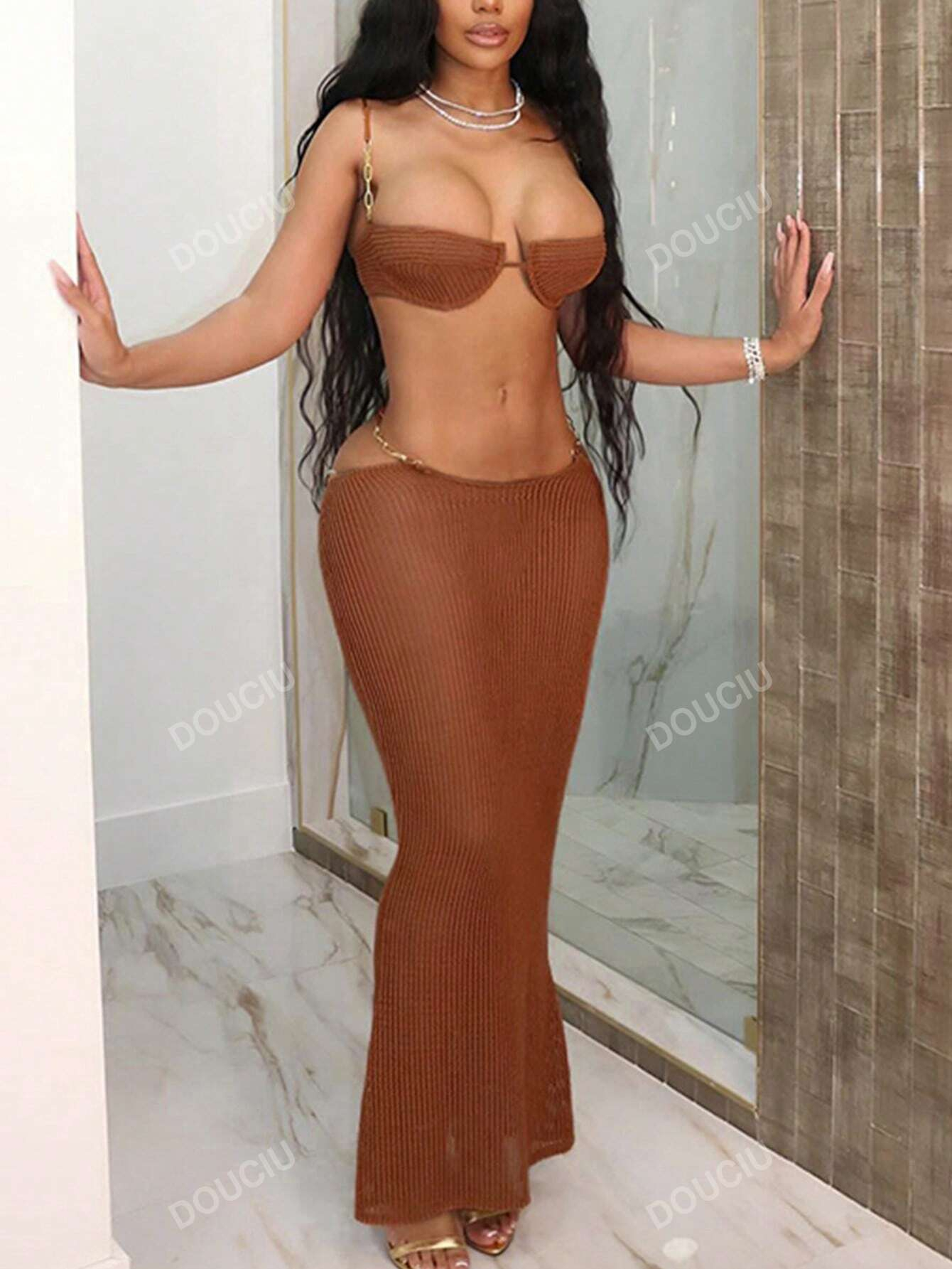 Women's Sexy Backless Crop Top And Fish Tail See-Through Skirt Set For Summer