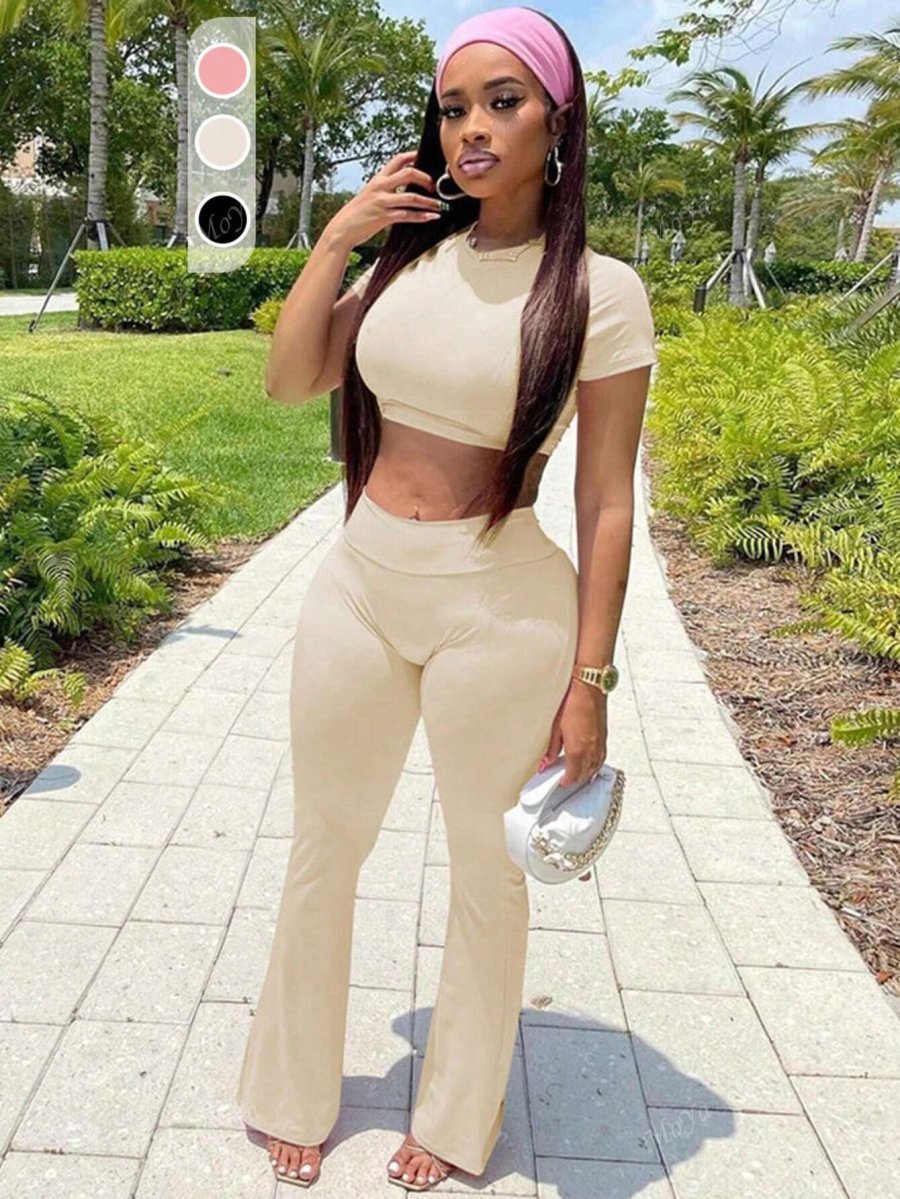 2pcs Women Casual Short Sleeve Crew Neck Top And Elastic Waist Long Pants Set - Image 2