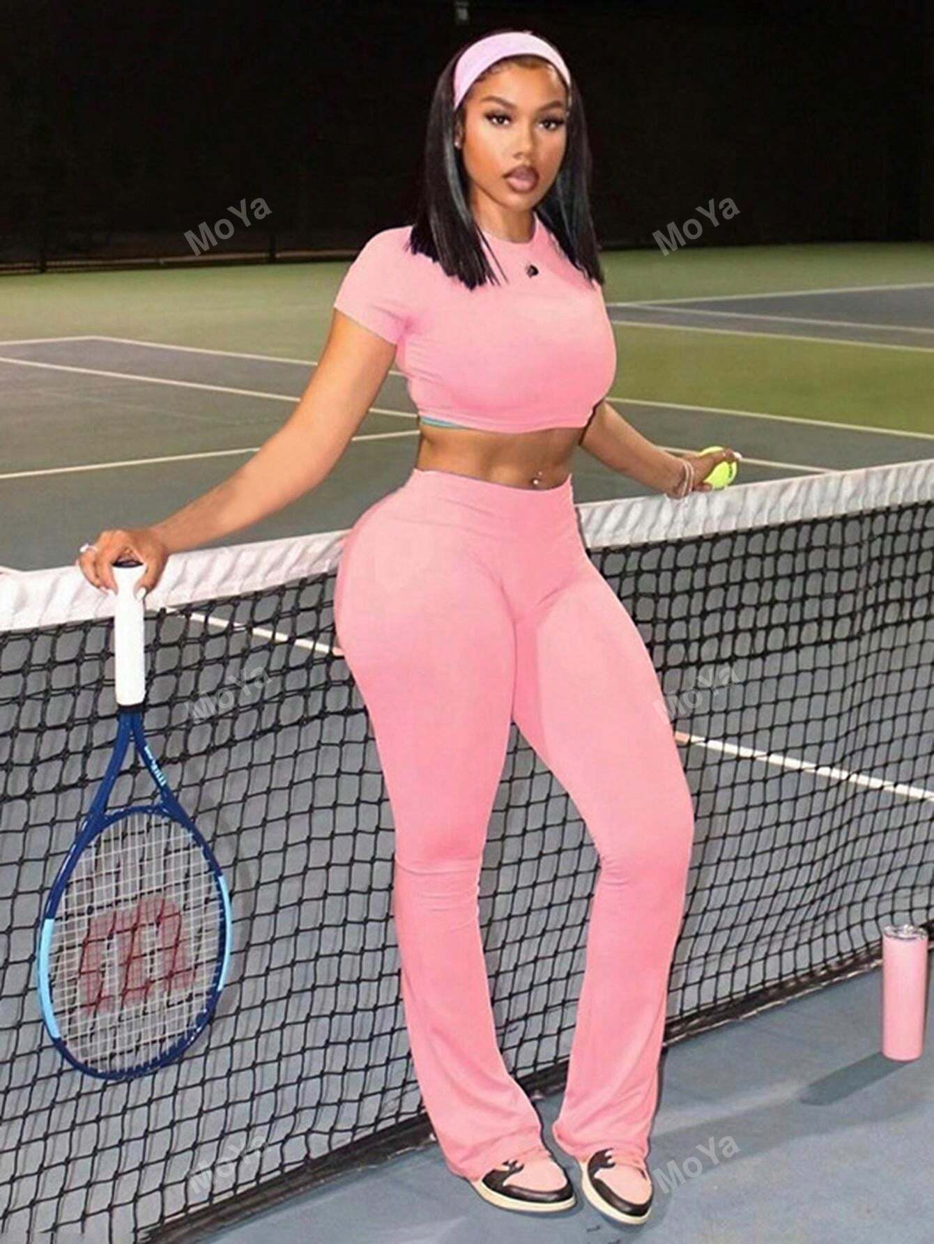 2pcs Women Casual Short Sleeve Crew Neck Top And Elastic Waist Long Pants Set - Image 11