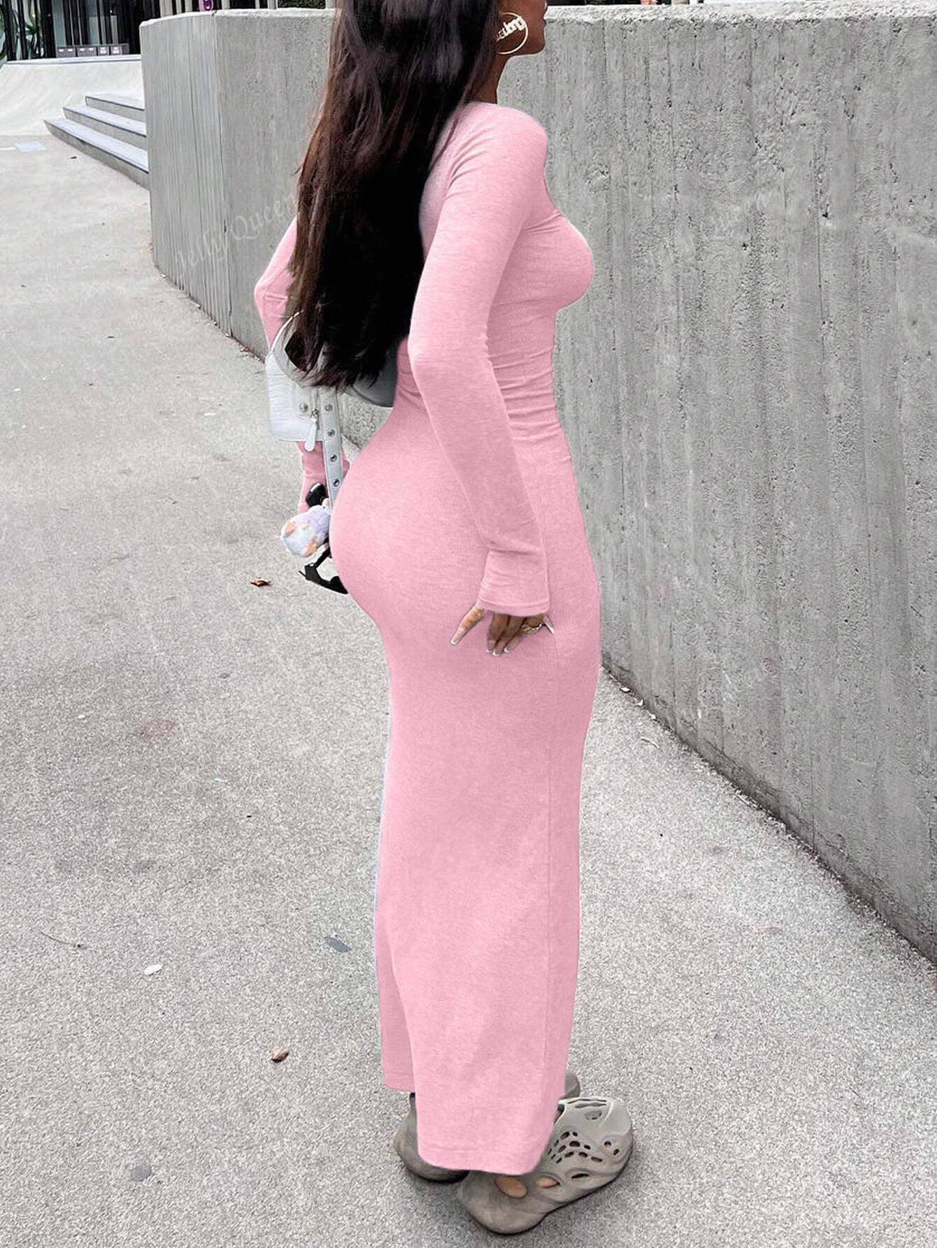 Elegant Long Sleeve Bodycon Dress - Ribbed Knit, Scoop Neck, Curve-Hugging Silhouette For Effortless Chic Look.Tip: Consider Sizing Down For A More Fitted Look. - Image 9