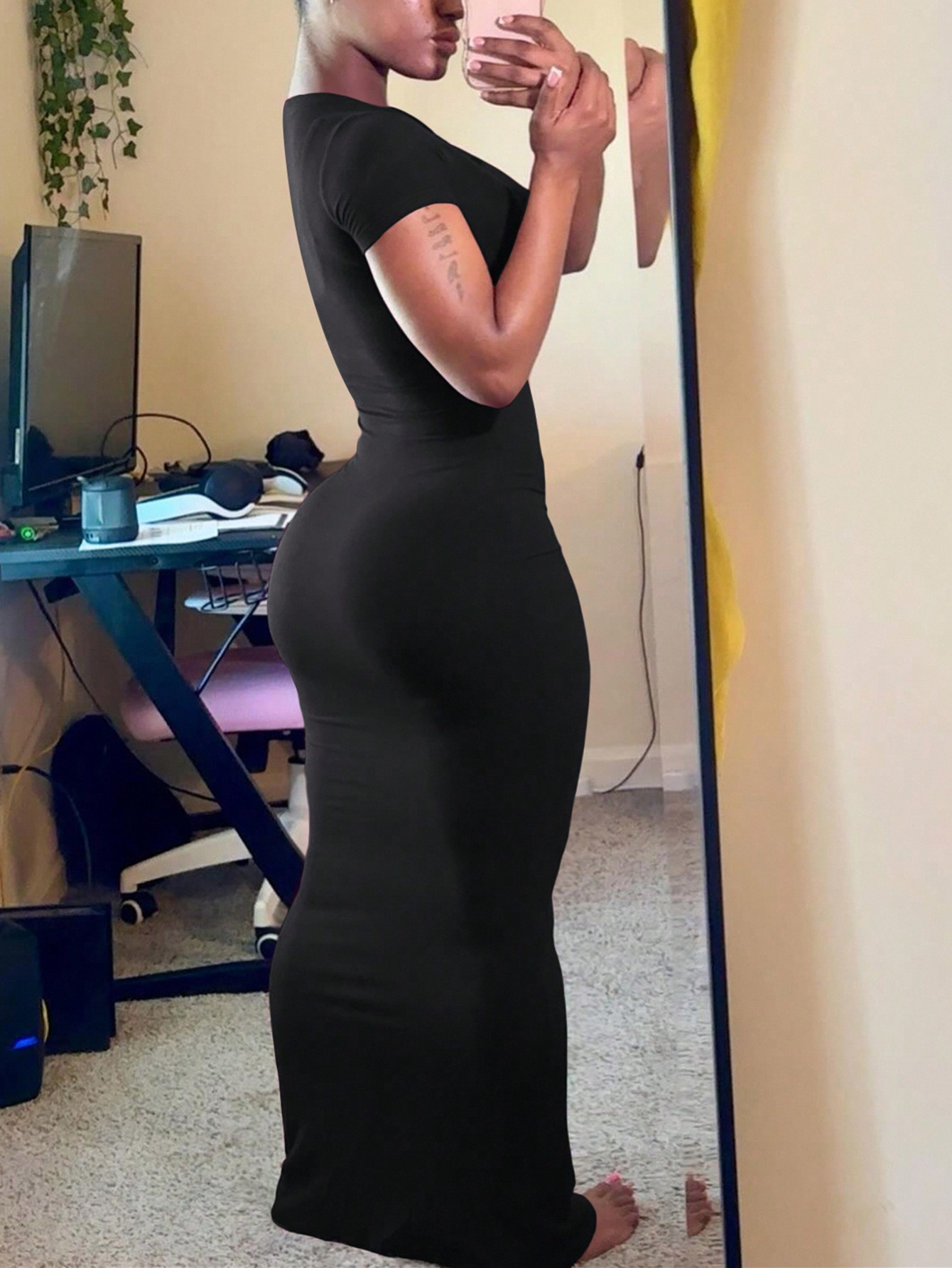 INAWLY Women's Solid Color Slim Fit Short Sleeve Dress For Daily Wear In Summer - Image 2