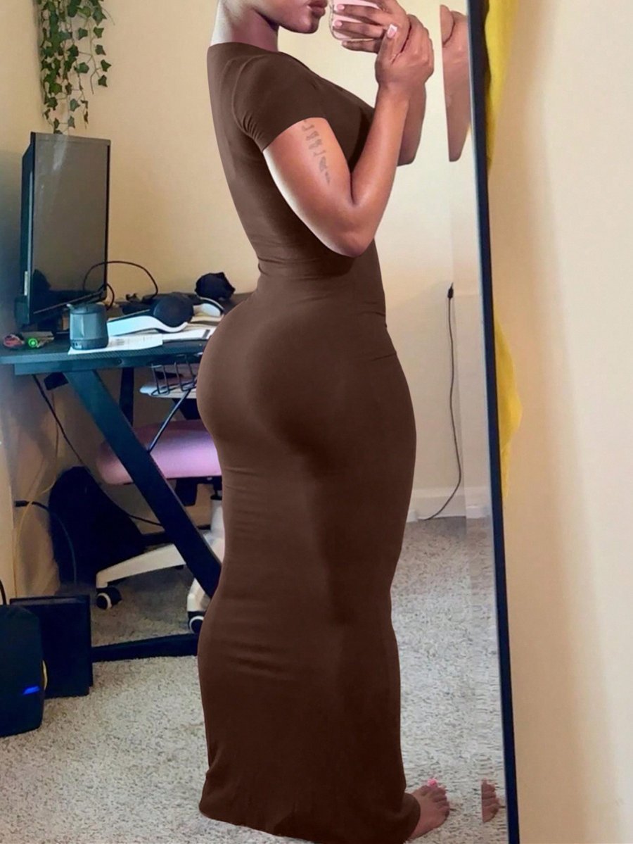 INAWLY Women's Solid Color Slim Fit Short Sleeve Dress For Daily Wear In Summer - Image 3