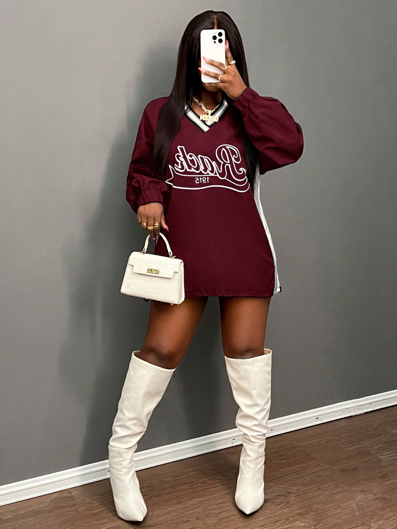 Slaydiva 2024 Autumn/Winter New Fashion American Number Print Woven Blouse Women, V-Neck Long Sleeve Adjustable Hem Pullover Top - Image 3