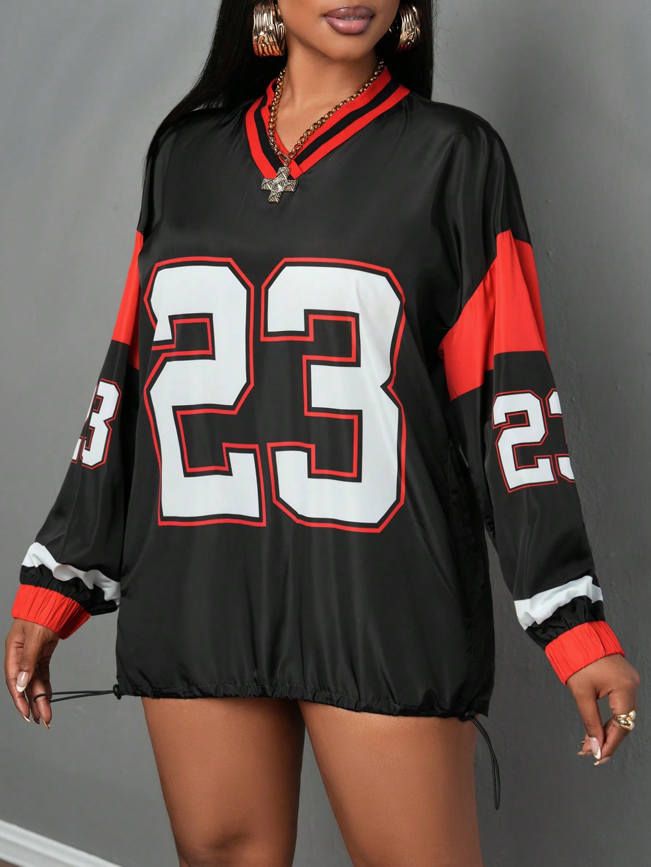 Slaydiva 2024 Autumn/Winter New Fashion American Number Print Woven Blouse Women, V-Neck Long Sleeve Adjustable Hem Pullover Top - Image 15