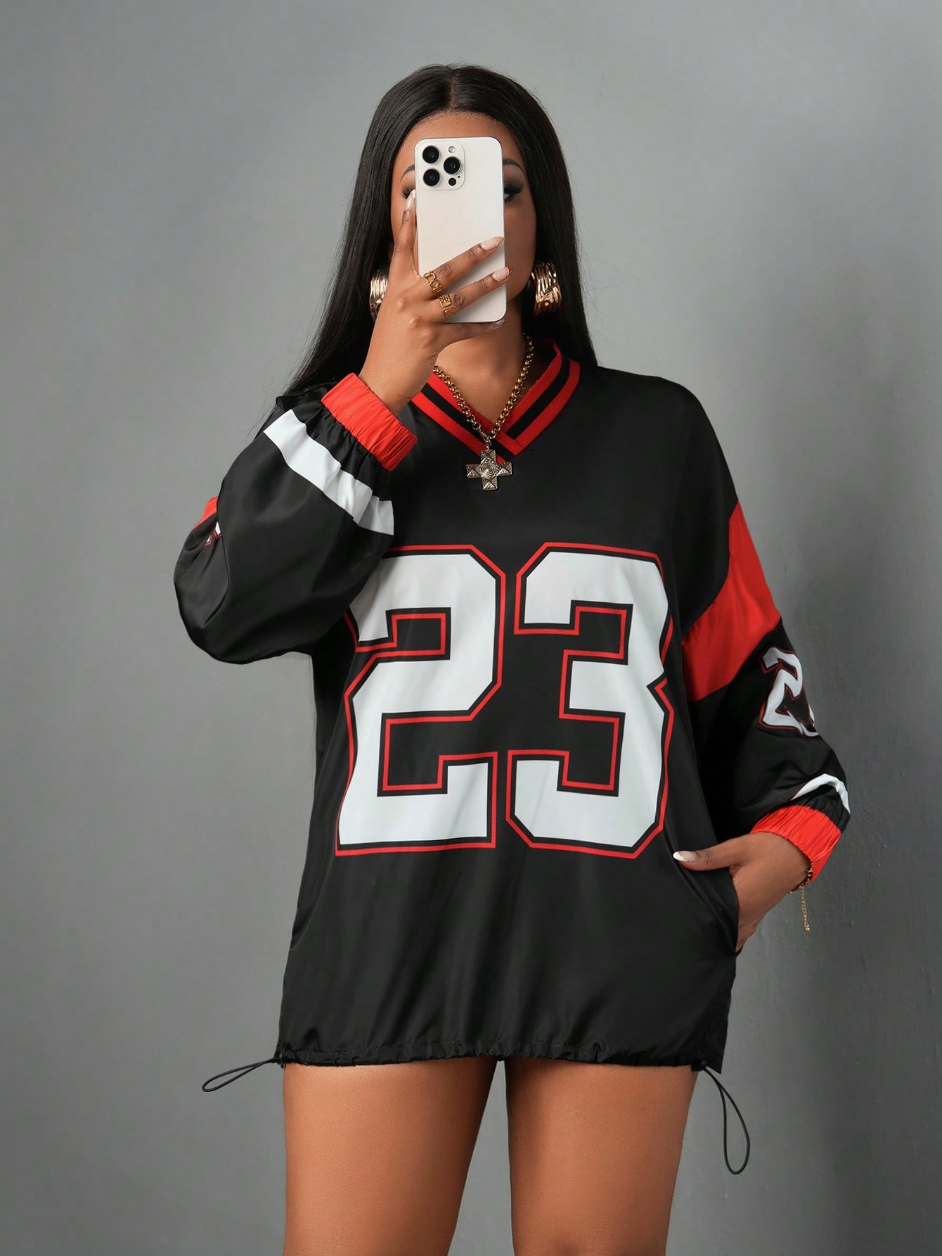 Slaydiva 2024 Autumn/Winter New Fashion American Number Print Woven Blouse Women, V-Neck Long Sleeve Adjustable Hem Pullover Top - Image 16