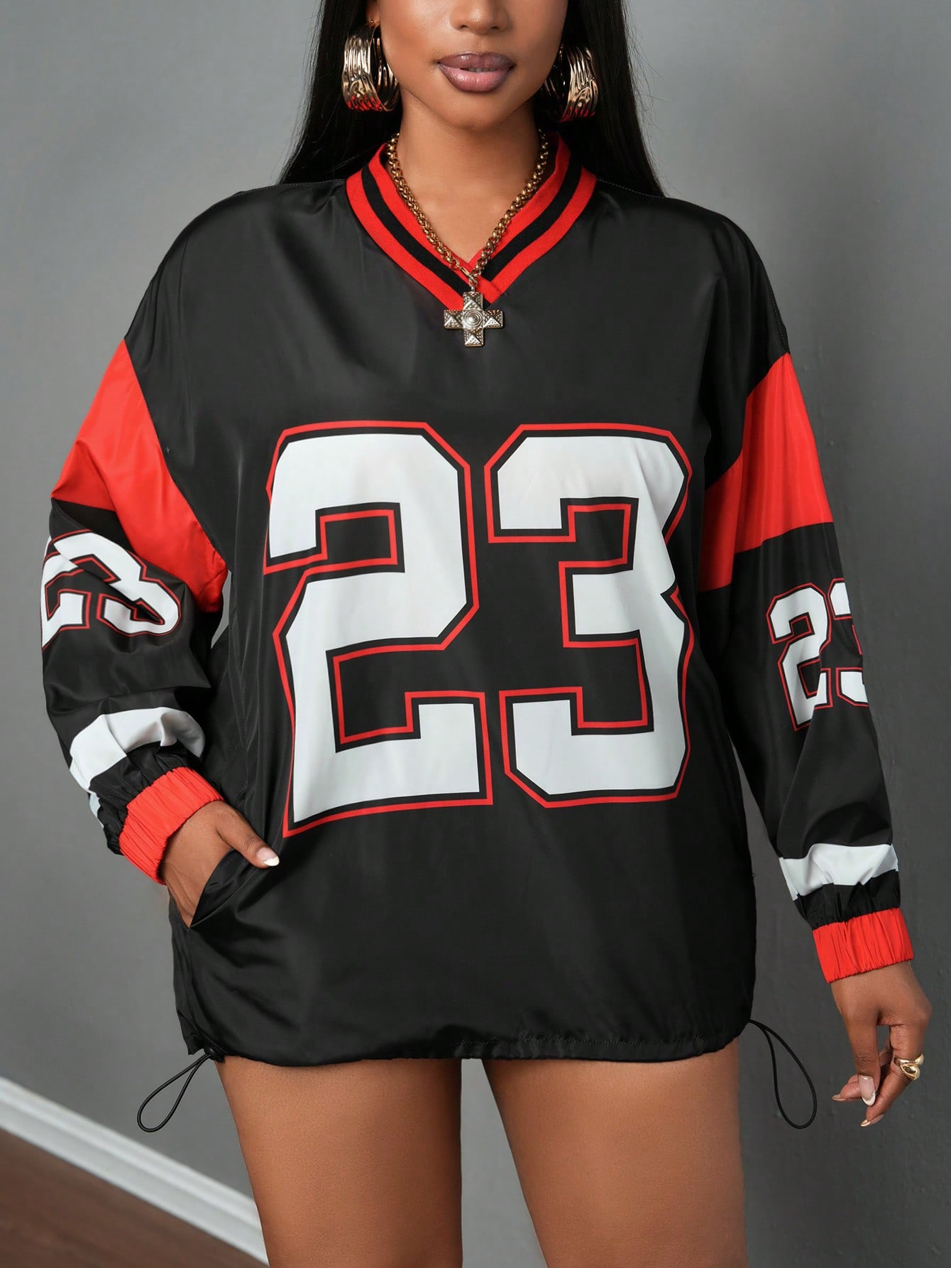 Slaydiva 2024 Autumn/Winter New Fashion American Number Print Woven Blouse Women, V-Neck Long Sleeve Adjustable Hem Pullover Top - Image 18