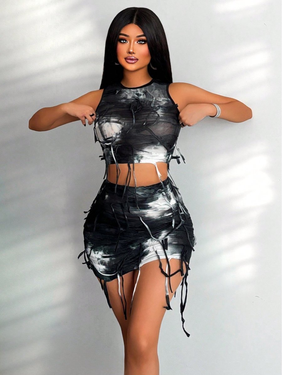 SHABREYA Foxxy Tie Dye Fringe Design Slim Fit Vest And Skirt Set For New Year Clothes - Image 3