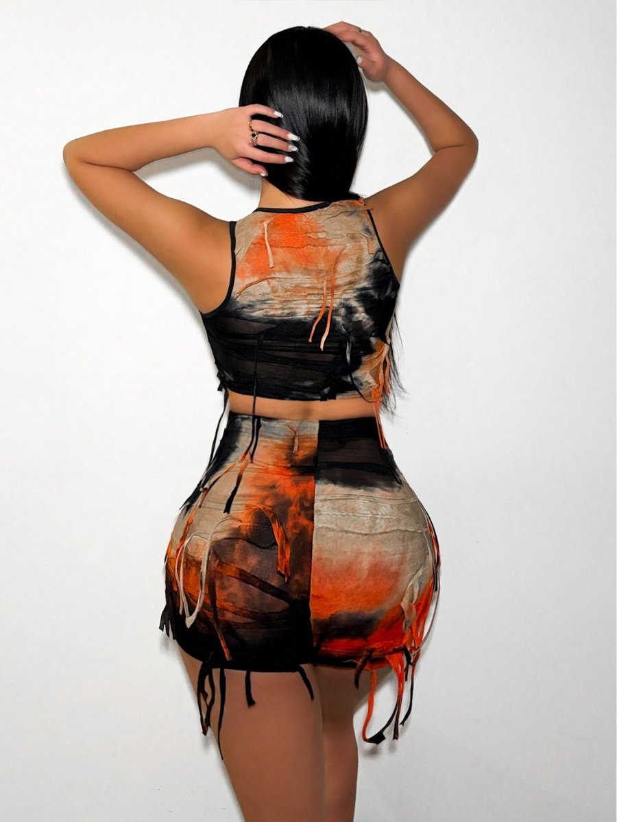 SHABREYA Foxxy Tie Dye Fringe Design Slim Fit Vest And Skirt Set For New Year Clothes - Image 6