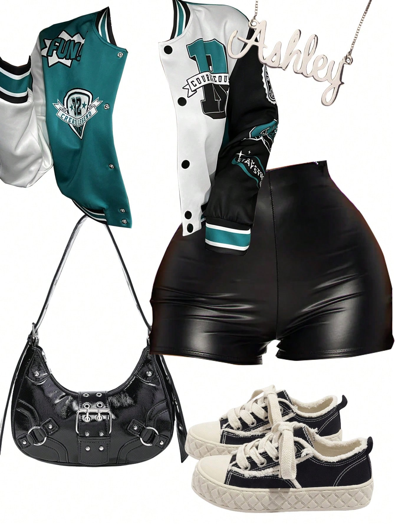 Slaydiva Autumn And Winter Casual Street Baseball Uniform Long-Sleeved Fitted Green And White And Black Logo Slogan All-Over Printed Women's Jacket-C - Image 2