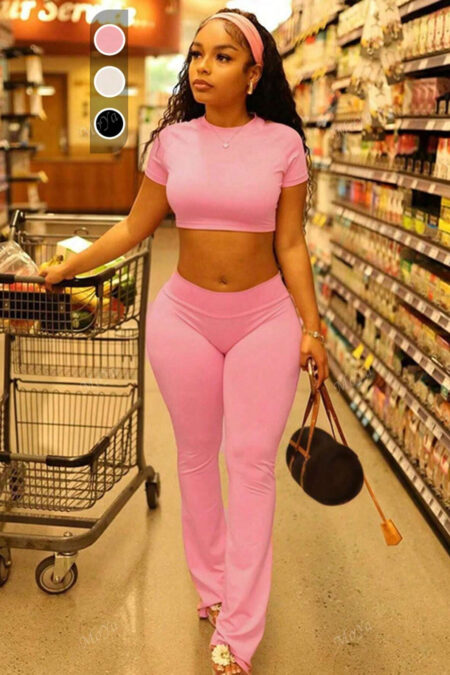 2pcs Women Casual Short Sleeve Crew Neck Top And Elastic Waist Long Pants Set