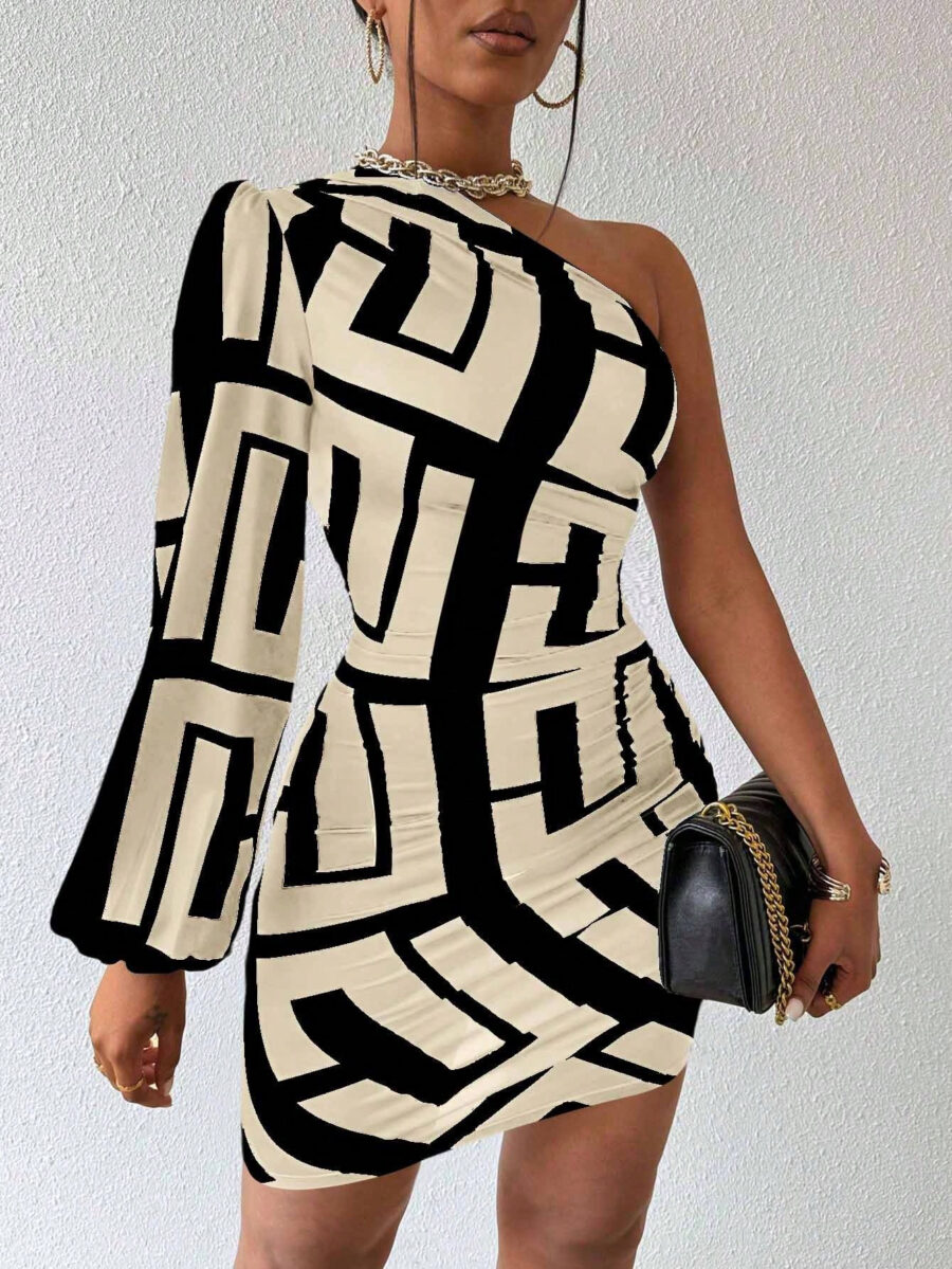VaVaBold Women's Geometric Print One Shoulder Lantern Sleeve Dress - Image 10