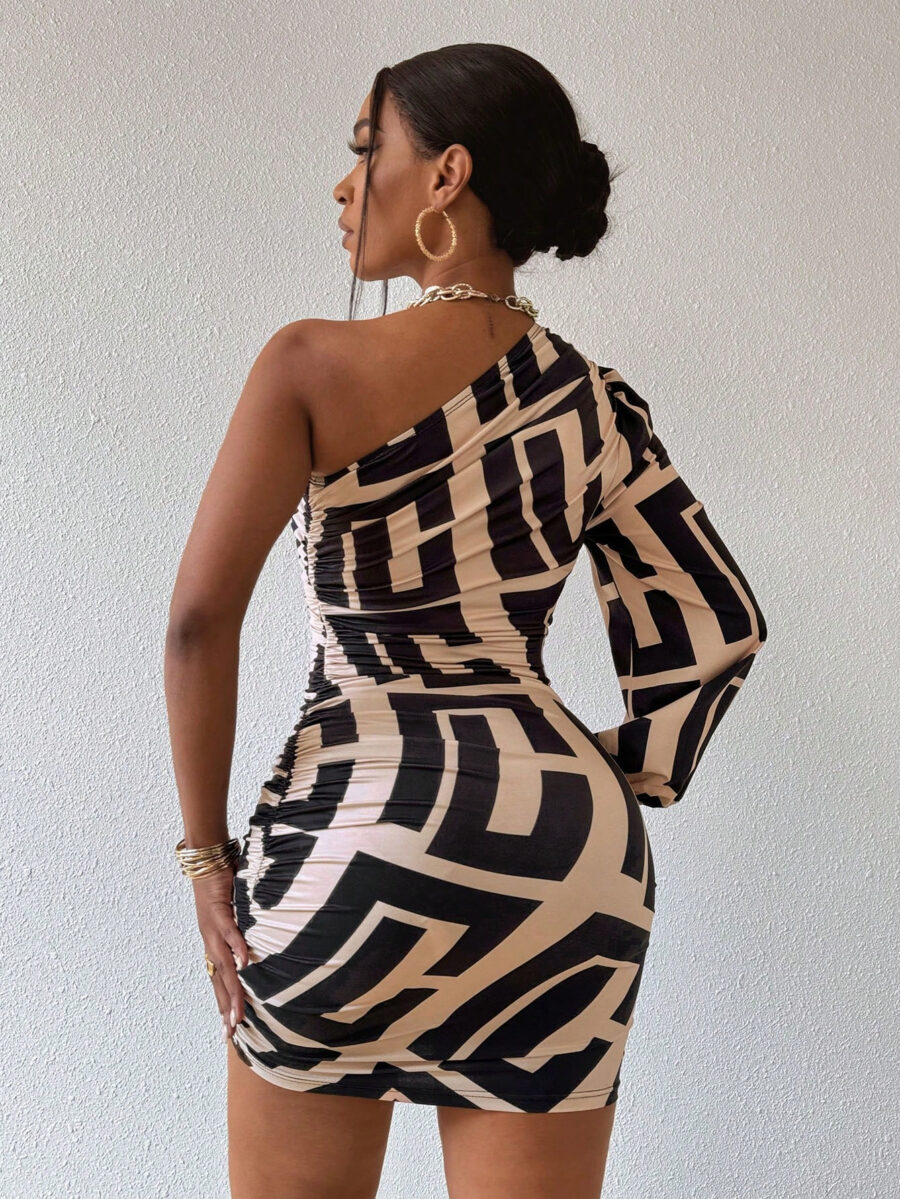 VaVaBold Women's Geometric Print One Shoulder Lantern Sleeve Dress - Image 2