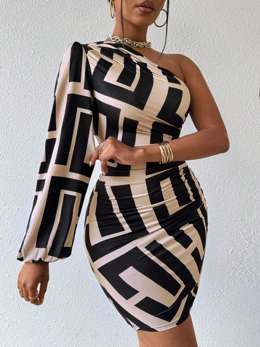 VaVaBold Women's Geometric Print One Shoulder Lantern Sleeve Dress - Image 4