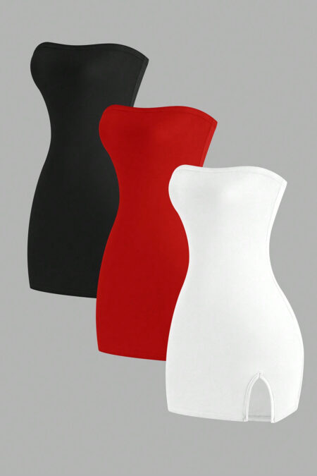 Flirla Women's 3pcs Bodycon Dress With Slit Hem, Bandeau Style, And Slim Fit, Summer Mini Short Women Outfit