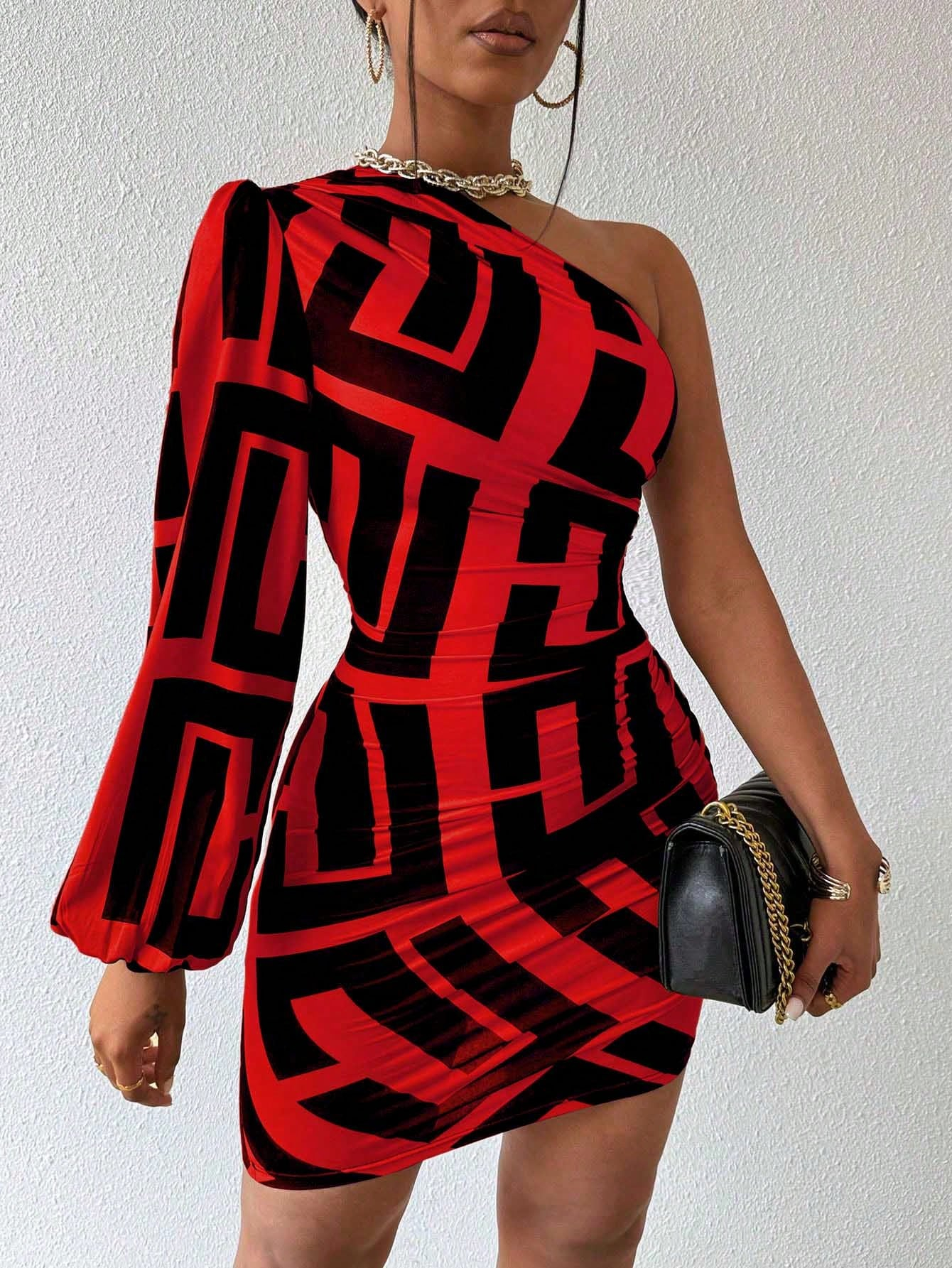 VaVaBold Women's Geometric Print One Shoulder Lantern Sleeve Dress - Image 8