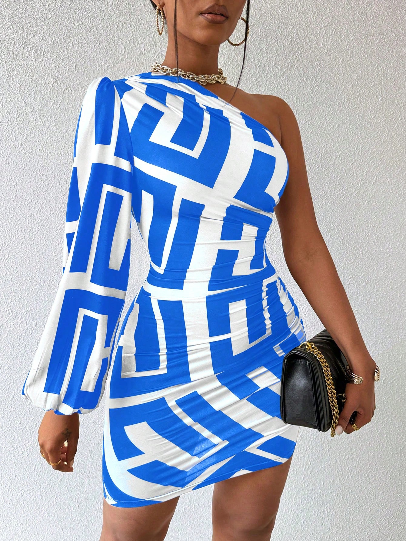 VaVaBold Women's Geometric Print One Shoulder Lantern Sleeve Dress - Image 9