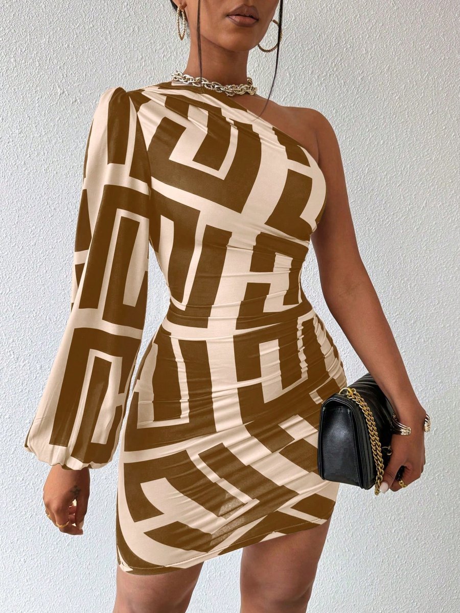 VaVaBold Women's Geometric Print One Shoulder Lantern Sleeve Dress - Image 11