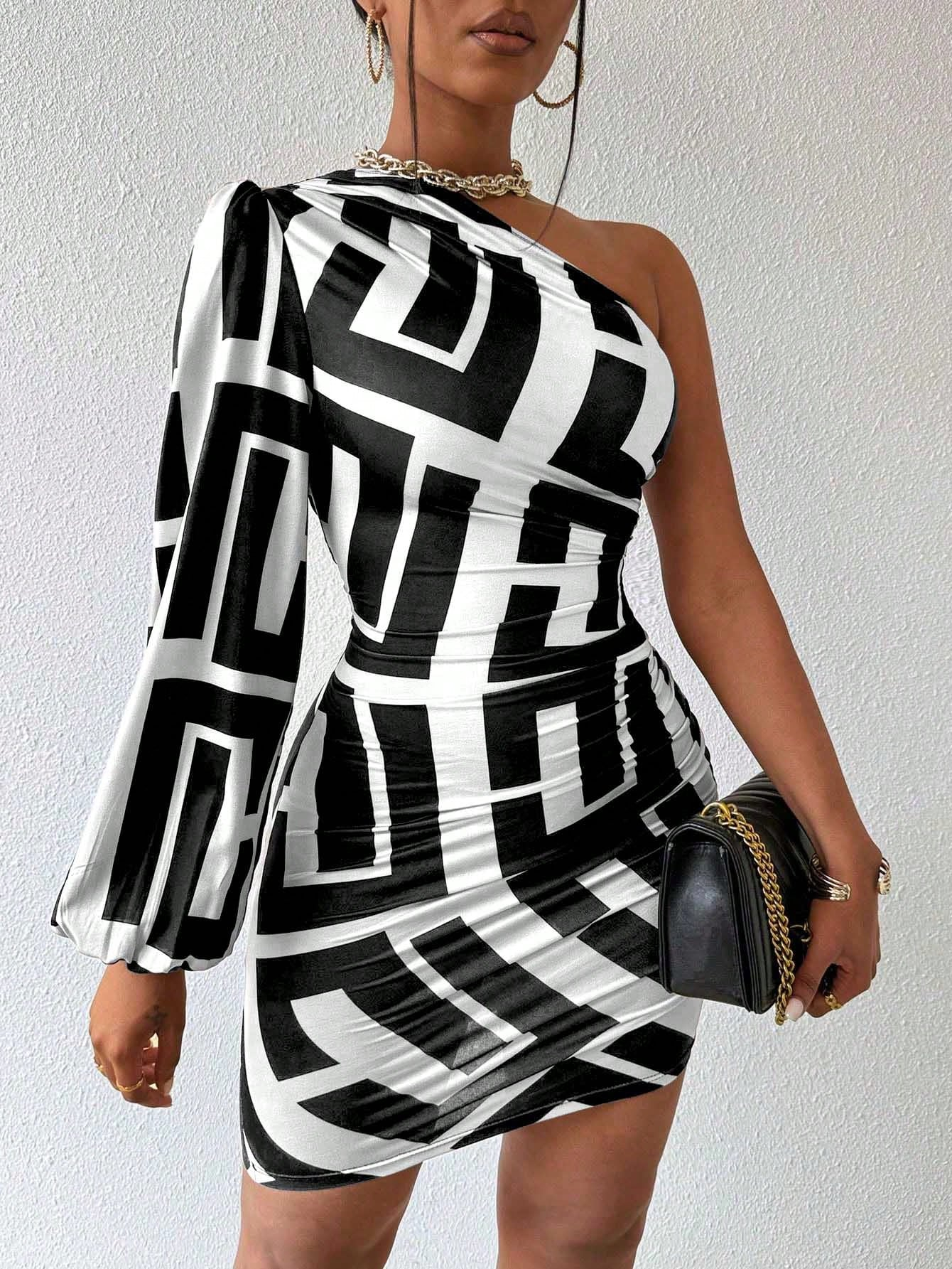 VaVaBold Women's Geometric Print One Shoulder Lantern Sleeve Dress - Image 12