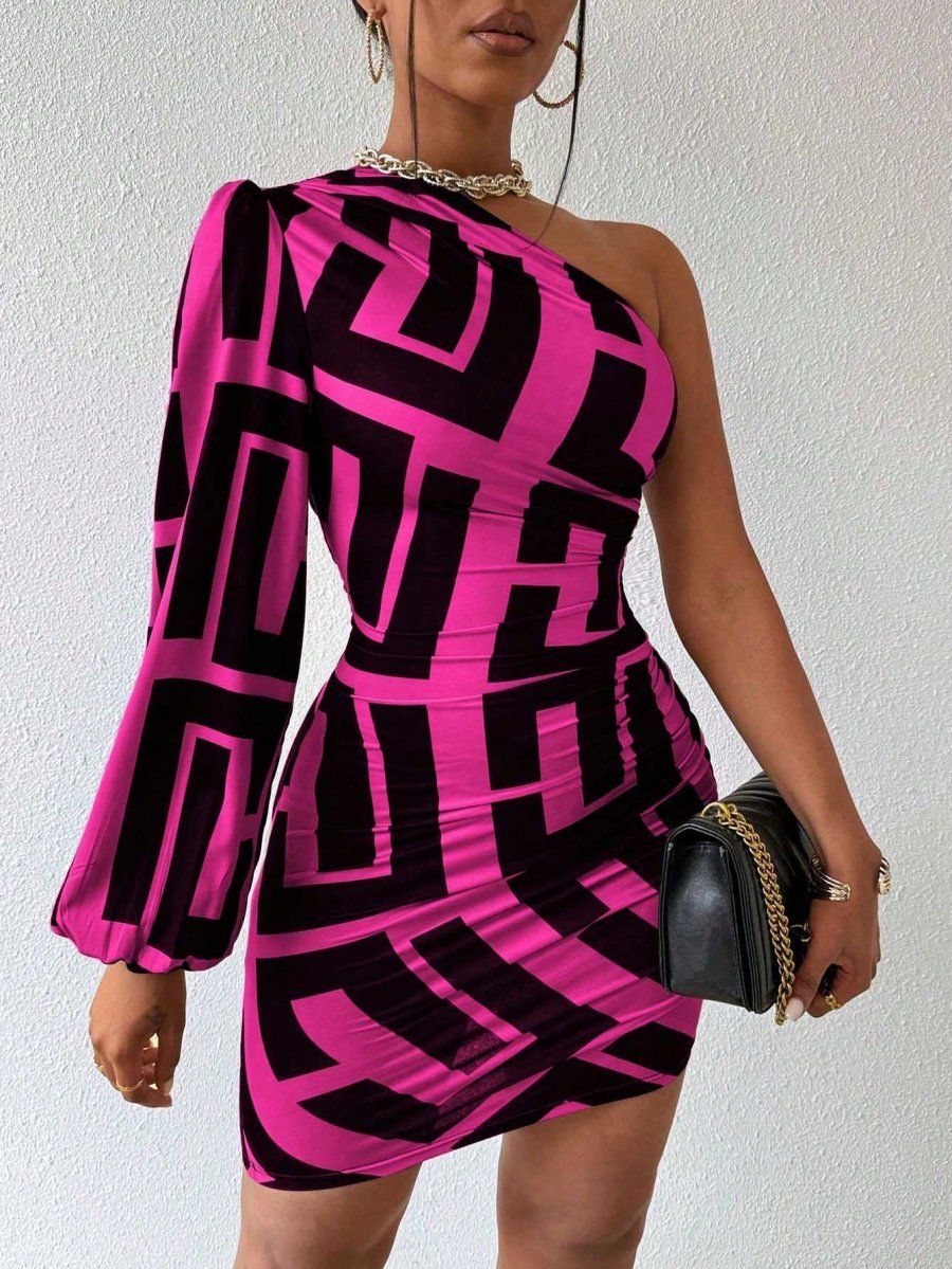 VaVaBold Women's Geometric Print One Shoulder Lantern Sleeve Dress - Image 14