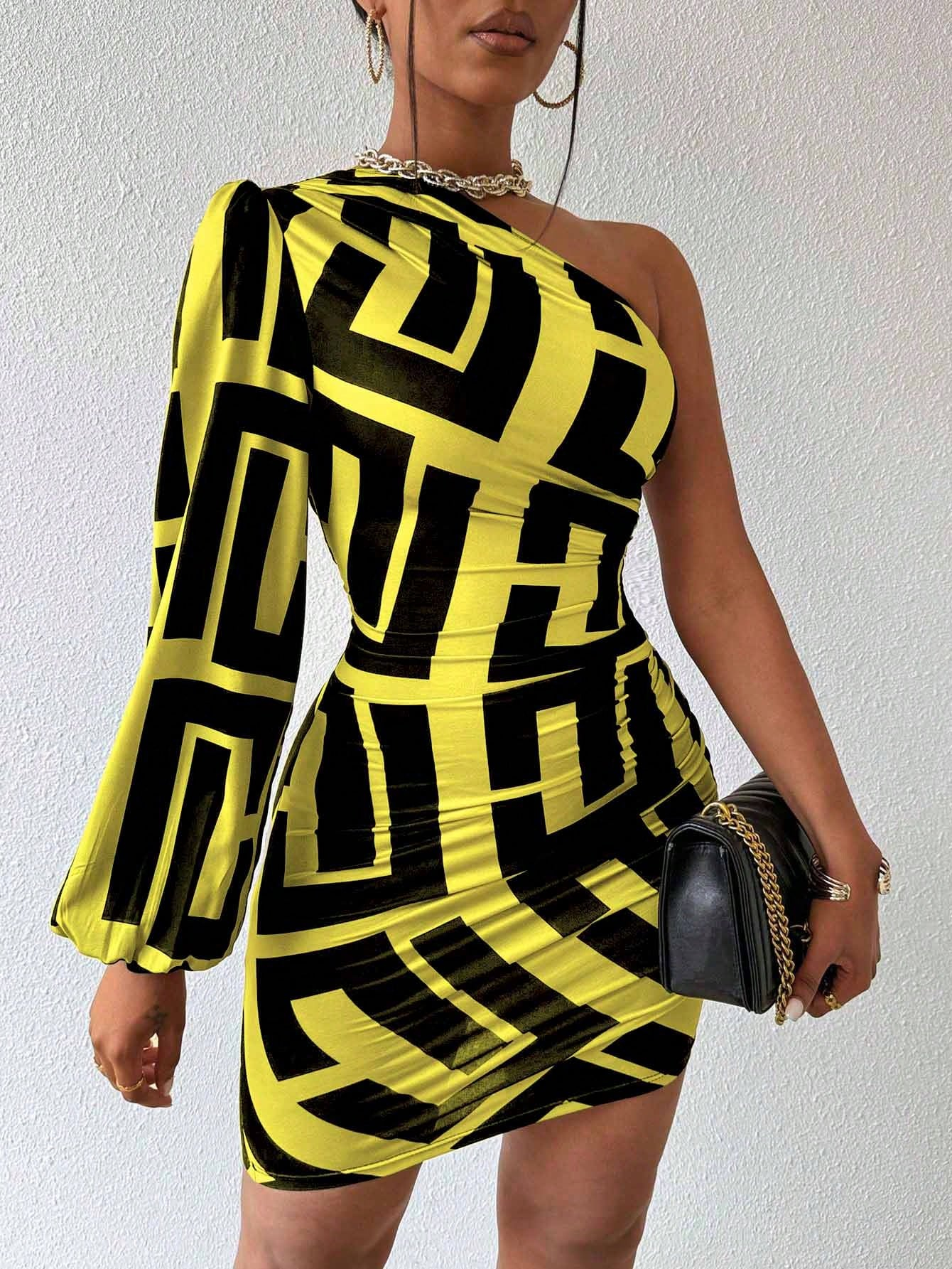 VaVaBold Women's Geometric Print One Shoulder Lantern Sleeve Dress - Image 15