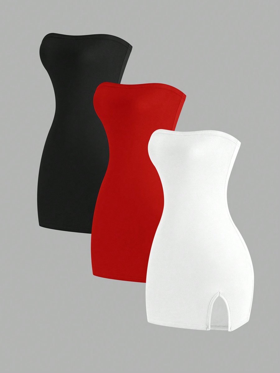 Flirla Women's 3pcs Bodycon Dress With Slit Hem, Bandeau Style, And Slim Fit, Summer Mini Short Women Outfit