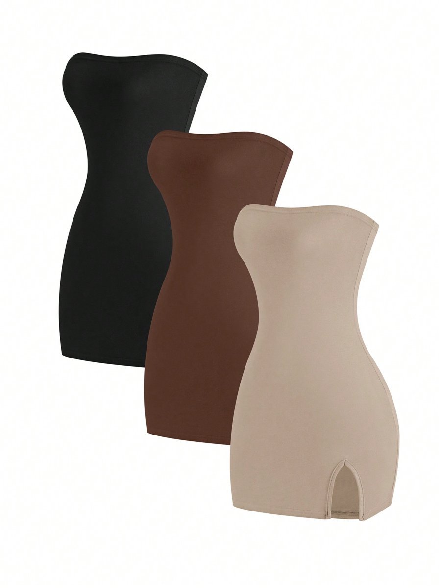 Flirla Women's 3pcs Bodycon Dress With Slit Hem, Bandeau Style, And Slim Fit, Summer Mini Short Women Outfit - Image 2