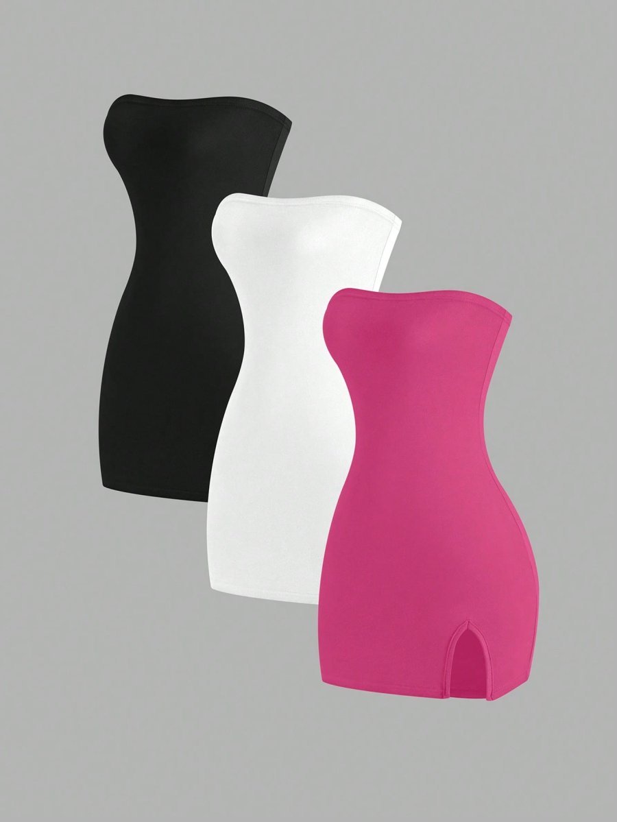 Flirla Women's 3pcs Bodycon Dress With Slit Hem, Bandeau Style, And Slim Fit, Summer Mini Short Women Outfit - Image 3
