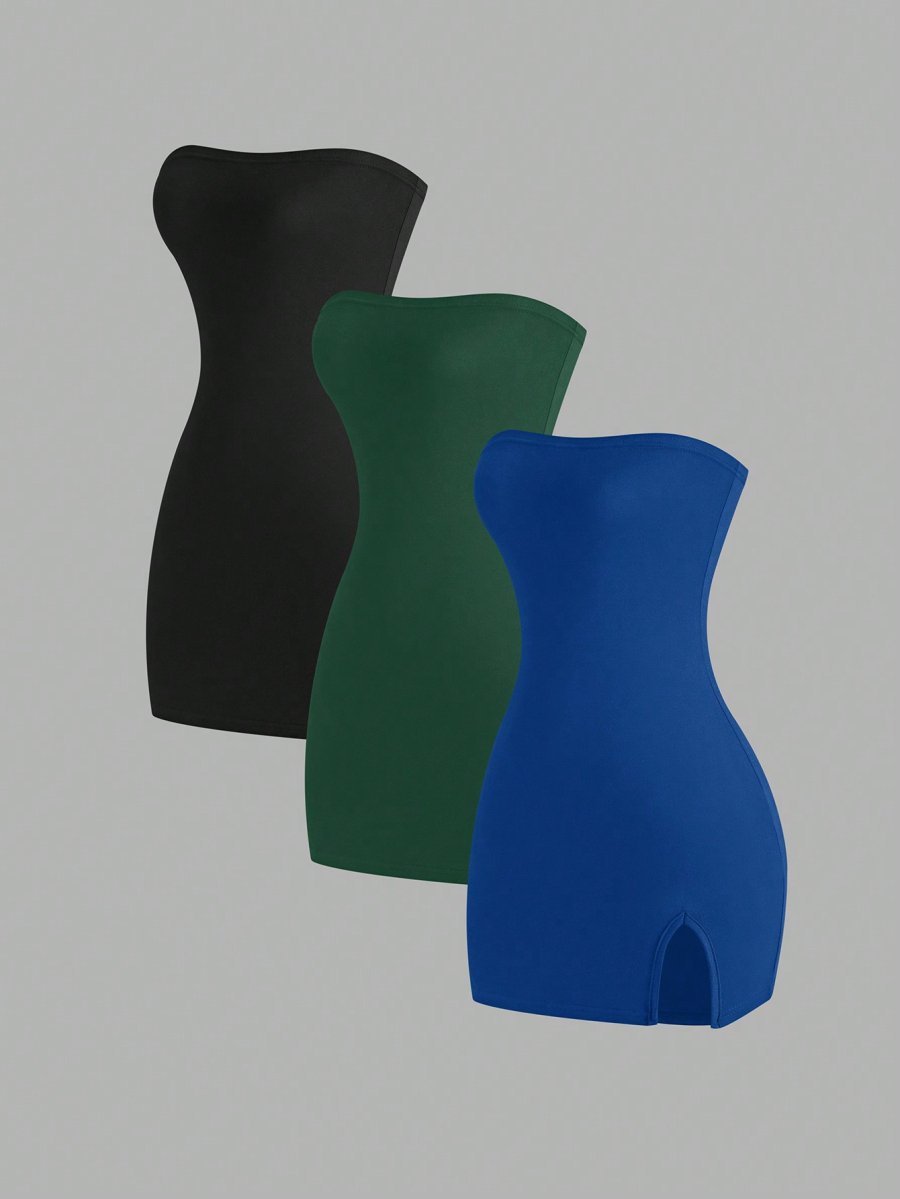 Flirla Women's 3pcs Bodycon Dress With Slit Hem, Bandeau Style, And Slim Fit, Summer Mini Short Women Outfit - Image 4